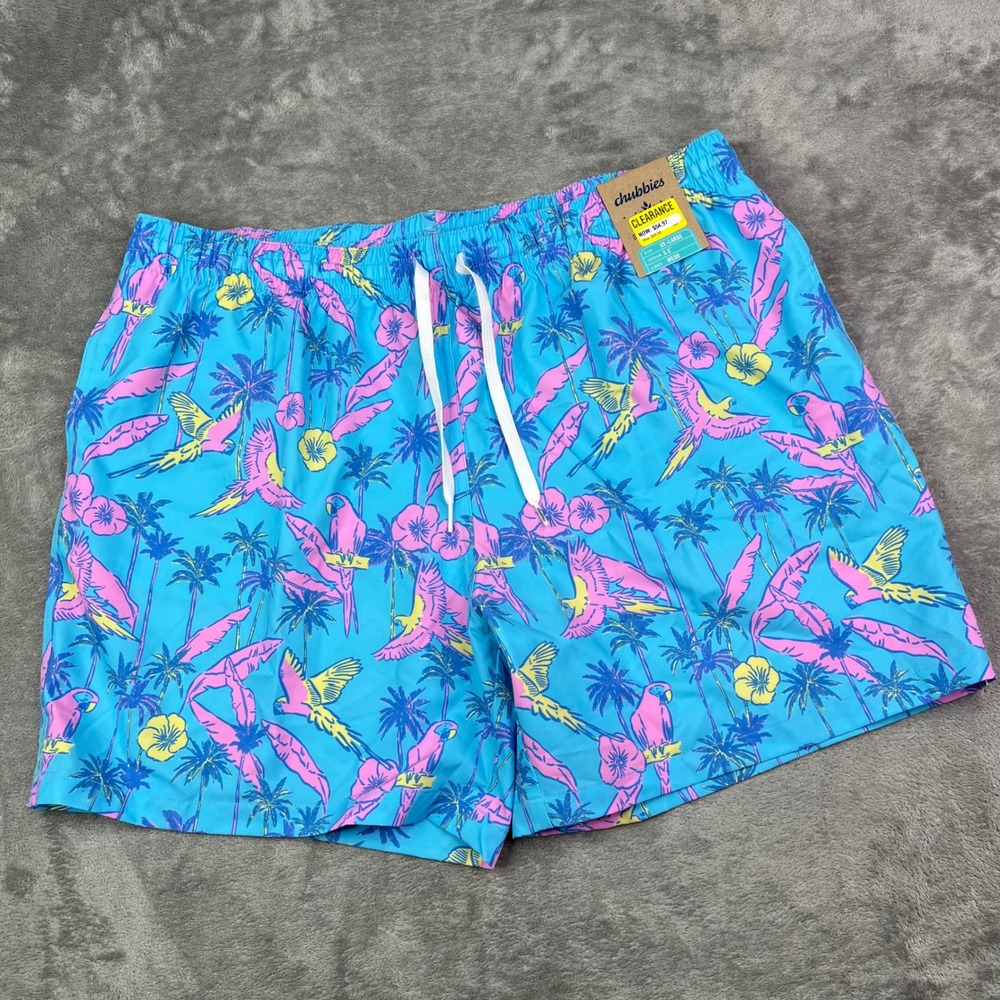 Chubbies The Flock Parties Swim Trunks Mens 2XL Blue Parrot Tropical 5.5 Inseam